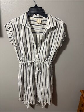 Striped Button-Front Drawstring Shirt Dress - White & Navy